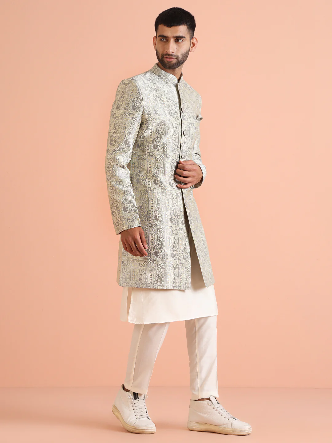 Men Grey Kurta Indowestern Trouser Set - Image 2