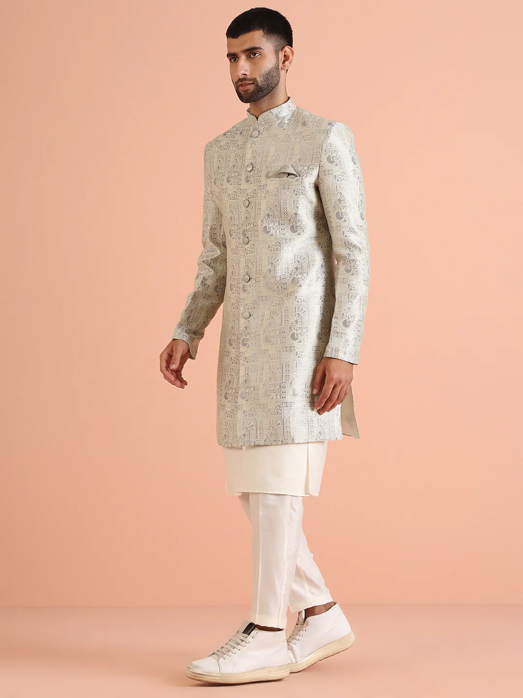 Men Grey Kurta Indowestern Trouser Set - Image 3