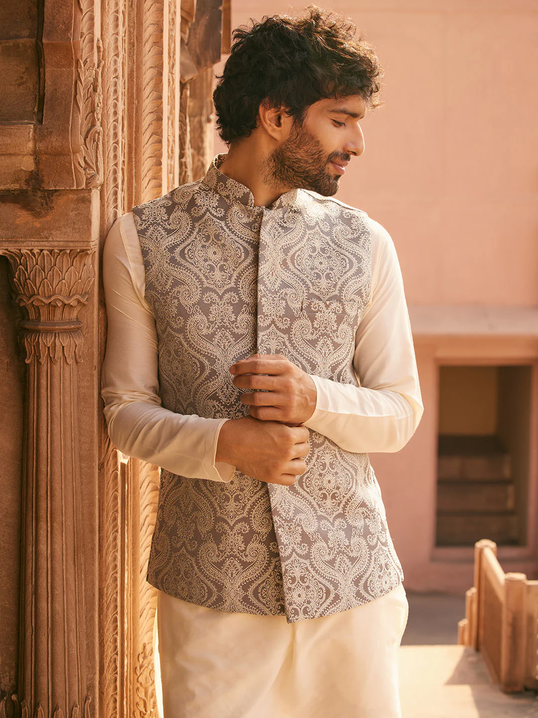 Beige Textured Jacket Cream Kurta Churidar Set