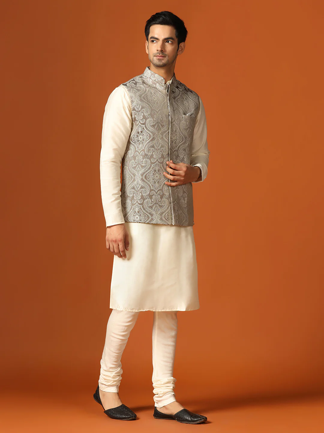 Beige Textured Jacket Cream Kurta Churidar Set - Image 2