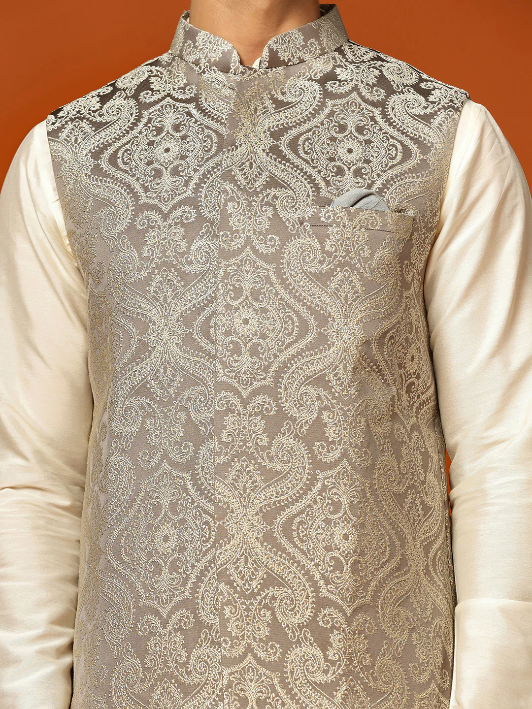 Beige Textured Jacket Cream Kurta Churidar Set - Image 6