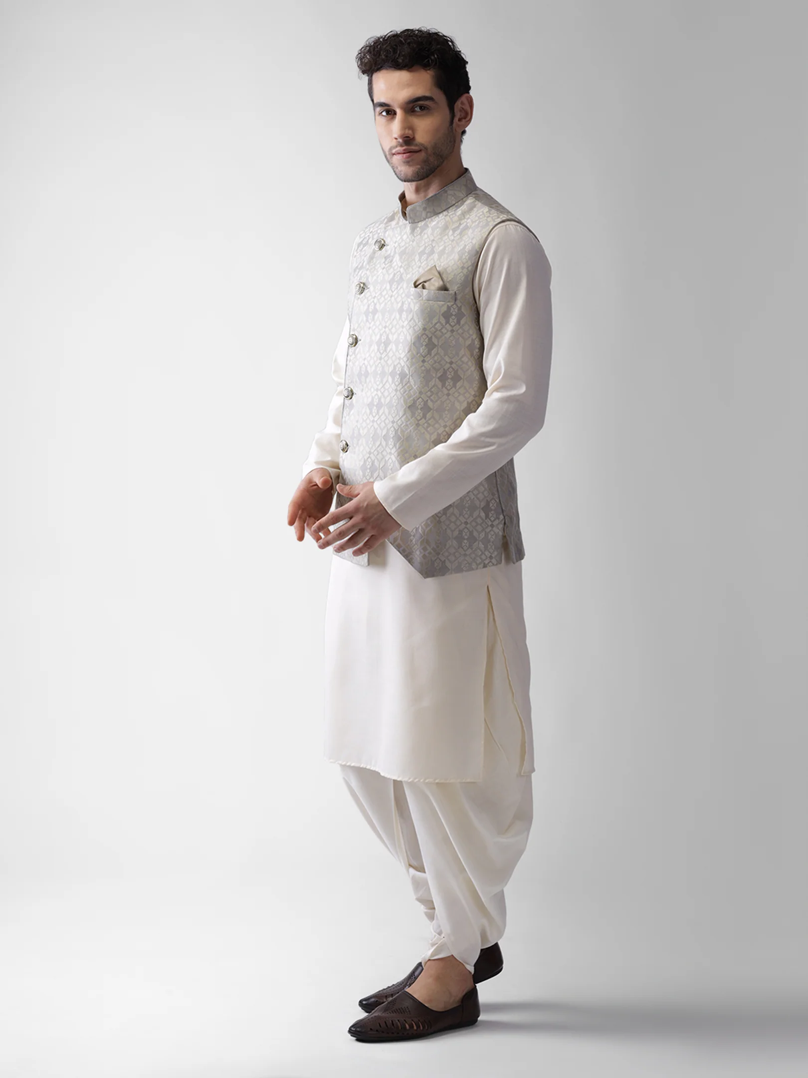 Kisah Men Grey Kurta Jacket Dhoti Set - Image 2
