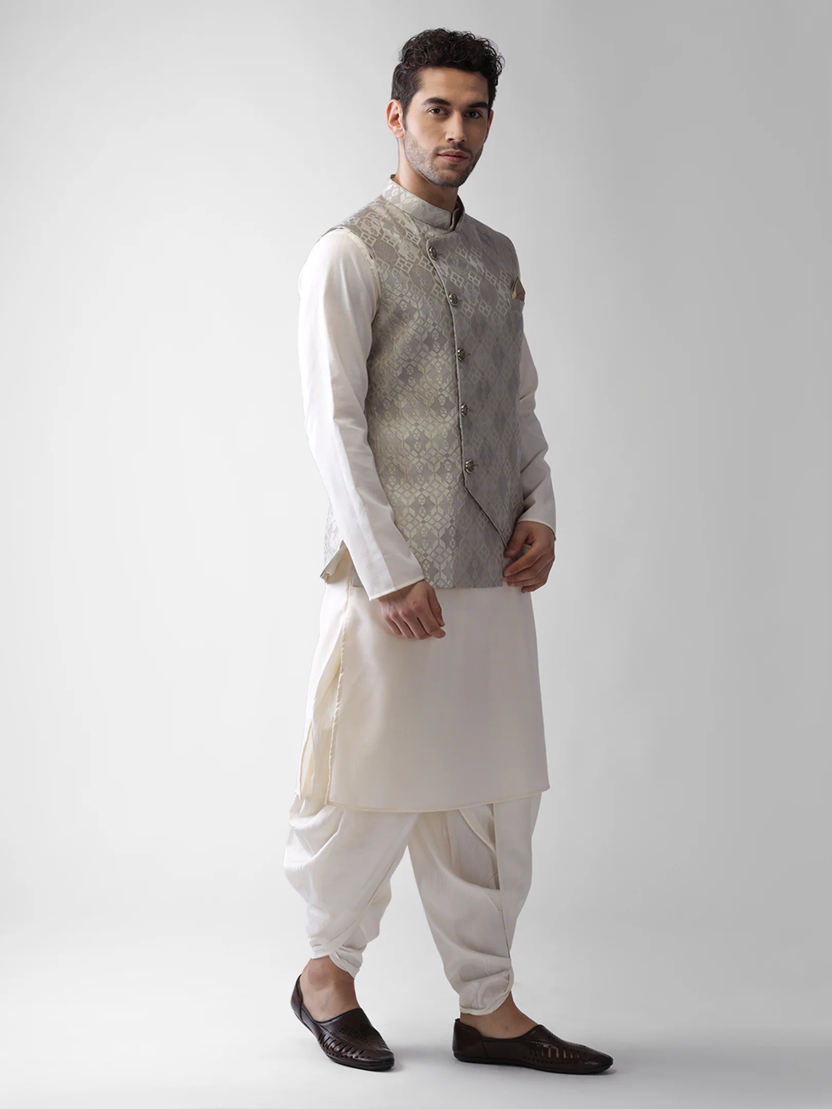 Kisah Men Grey Kurta Jacket Dhoti Set - Image 3