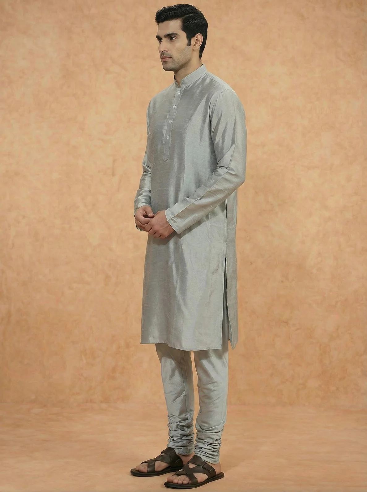 Grey Solid Silk Blend Kurta - Image 3