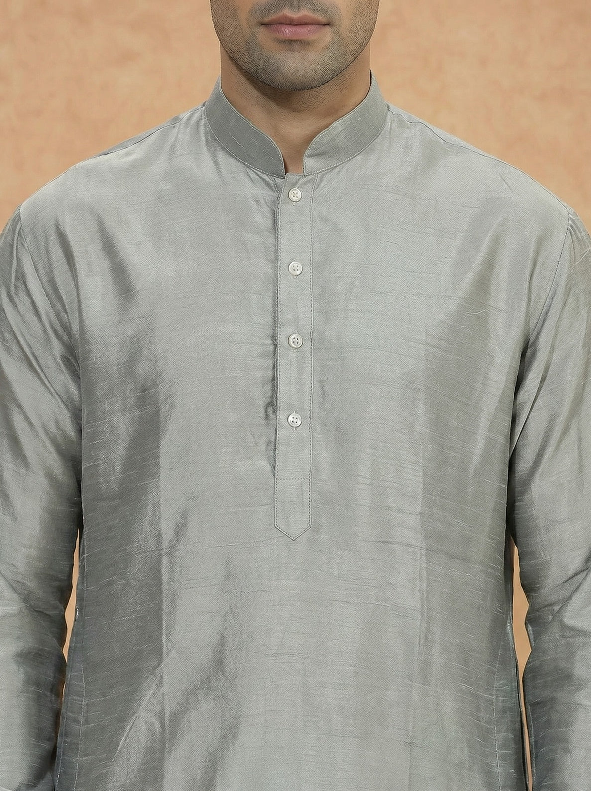 Grey Solid Silk Blend Kurta - Image 5