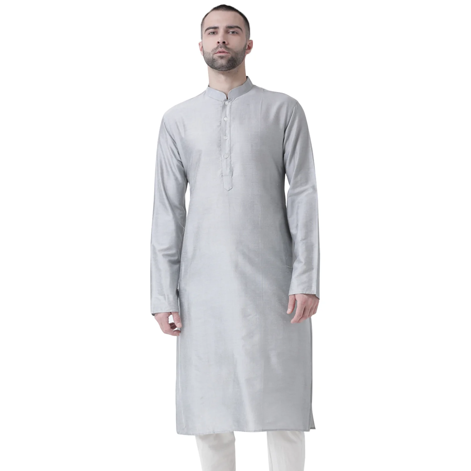 Grey Cotton Silk Plain Kurta