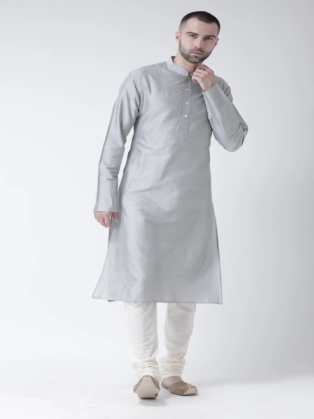 Grey Cotton Silk Plain Kurta - Image 2