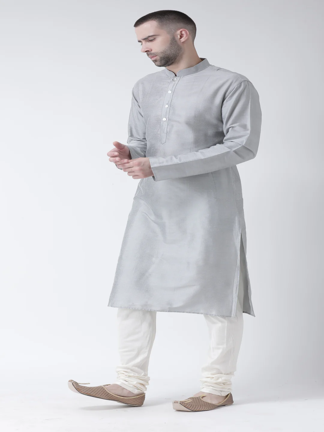 Grey Cotton Silk Plain Kurta - Image 3