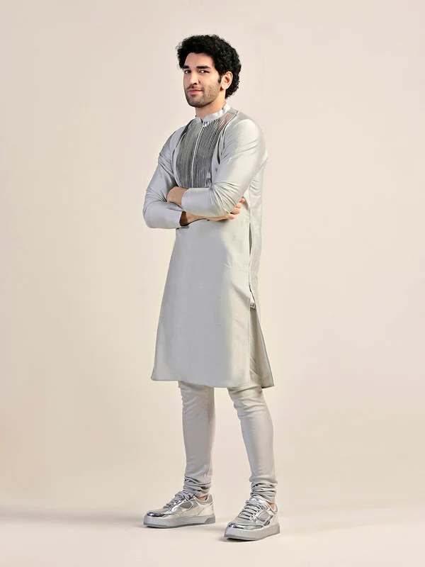 Silver Satin Metallic Panel Kurta - Image 3