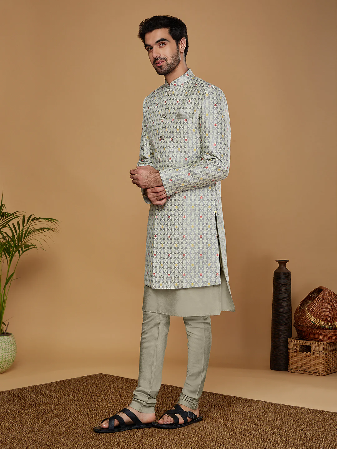 Men Grey Kurta Sherwani Churidar Set - Image 3