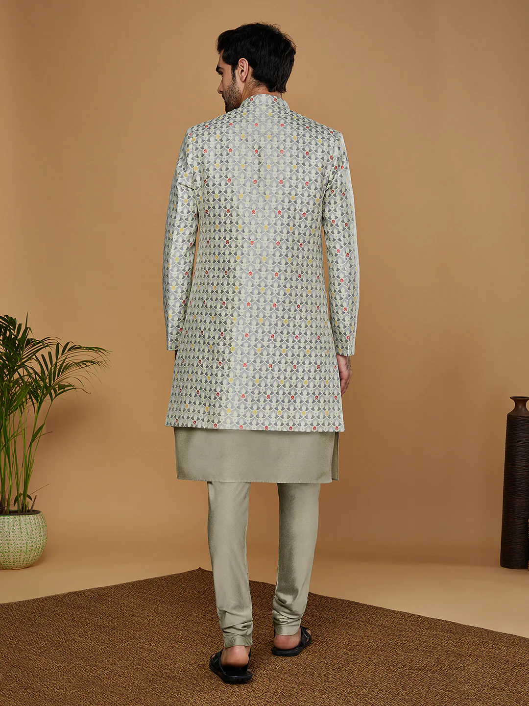 Men Grey Kurta Sherwani Churidar Set - Image 4