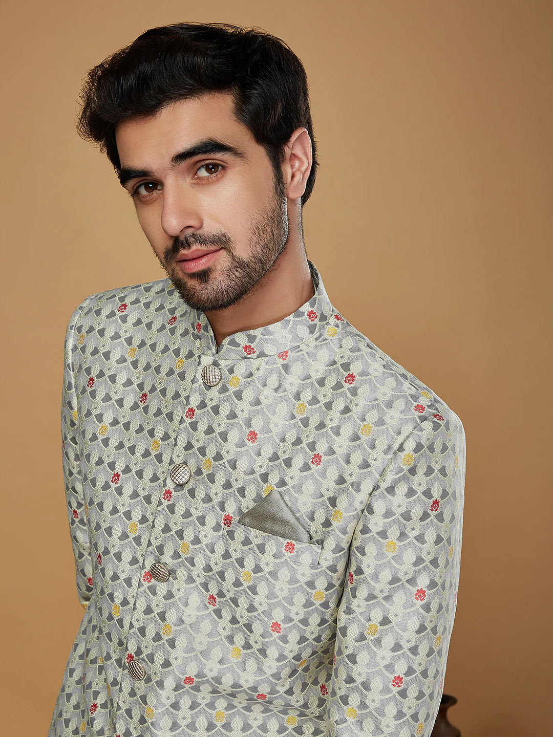 Men Grey Kurta Sherwani Churidar Set - Image 5