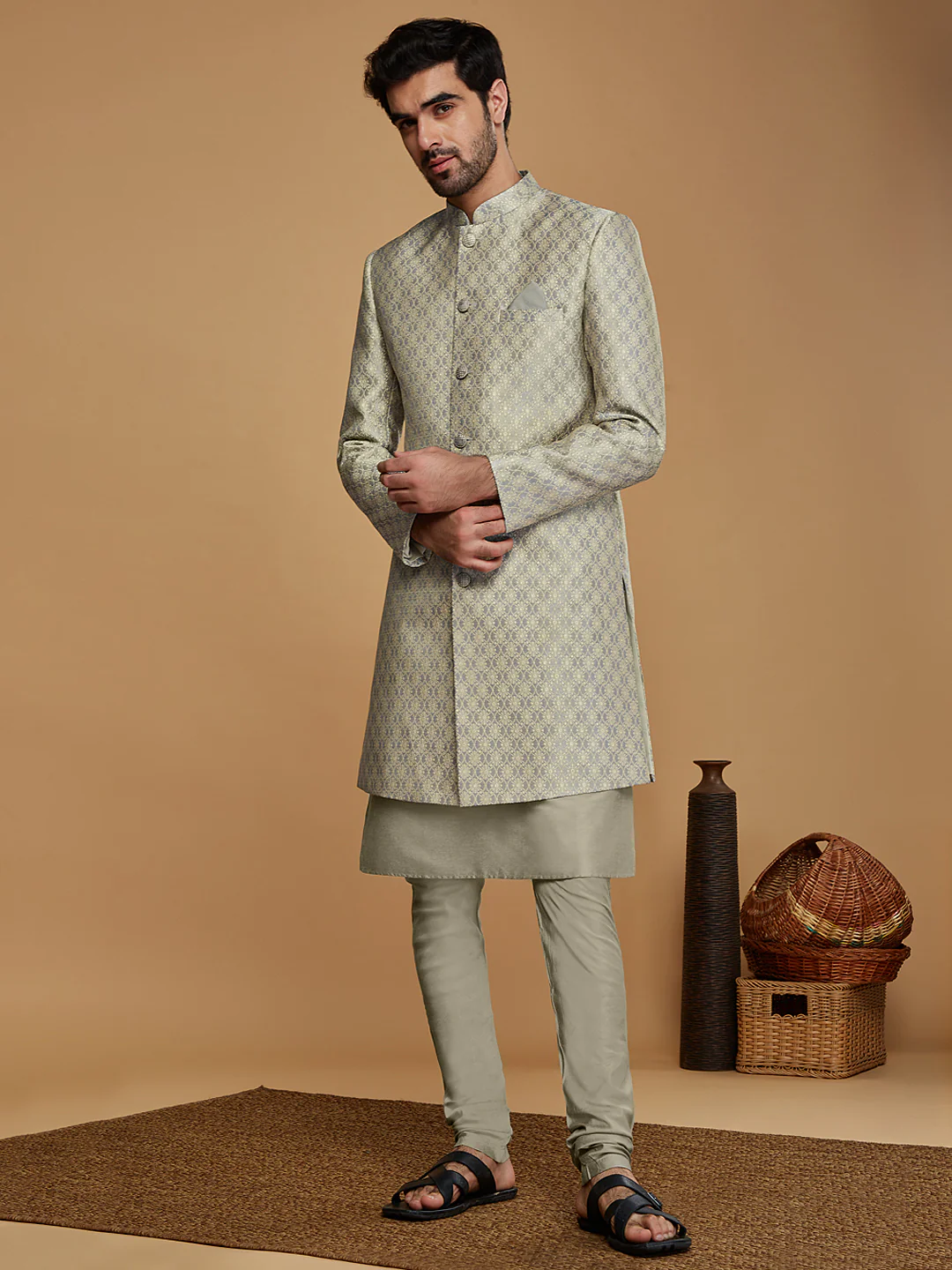Men Grey Kurta Sherwani Churidar Set