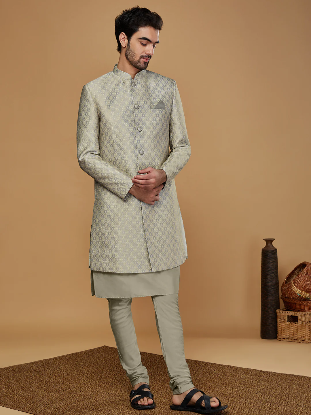 Men Grey Kurta Sherwani Churidar Set - Image 2