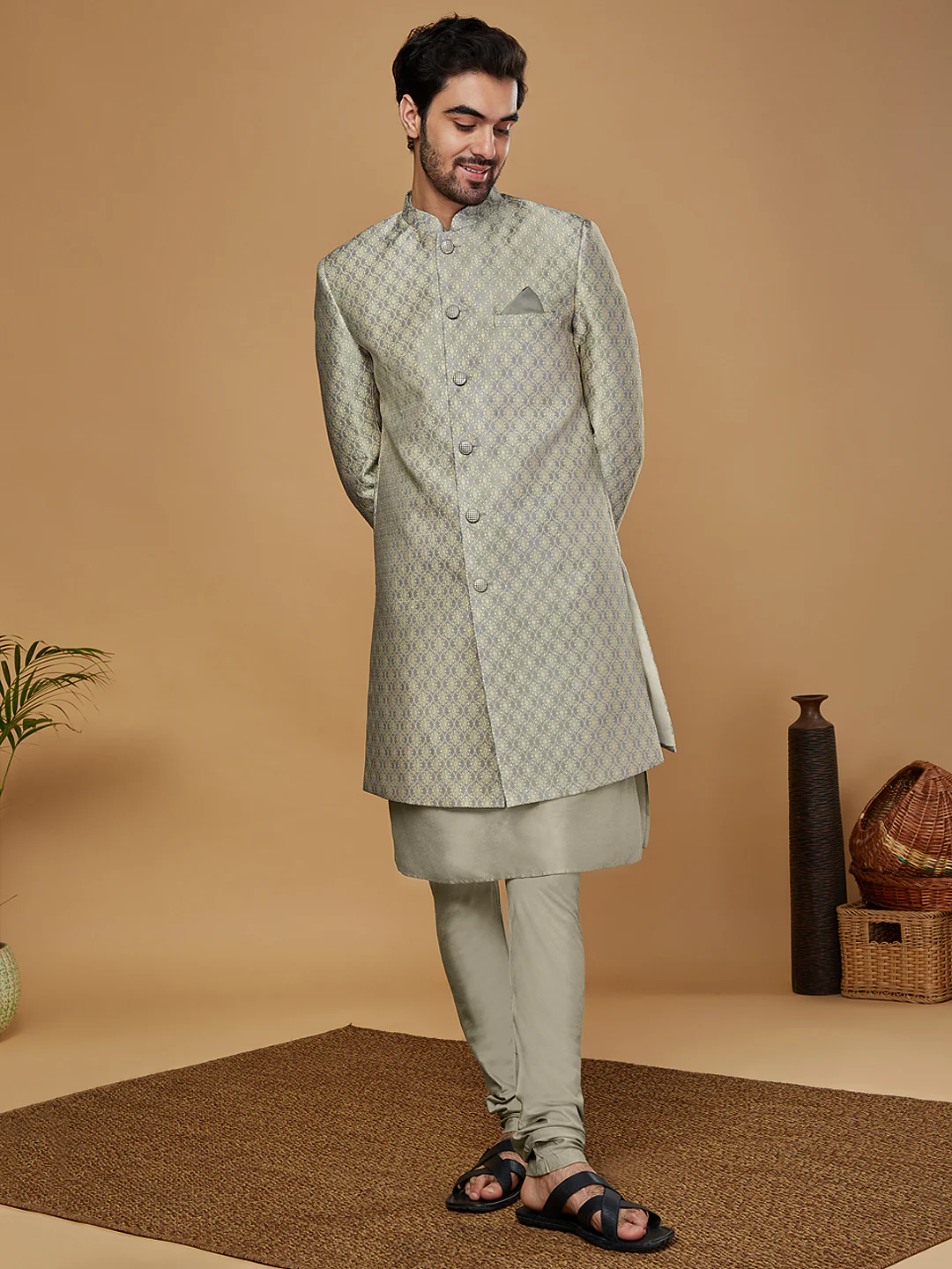 Men Grey Kurta Sherwani Churidar Set - Image 3