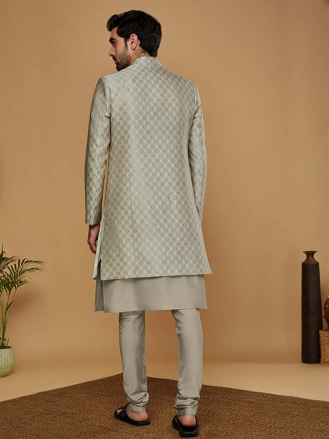 Men Grey Kurta Sherwani Churidar Set - Image 4