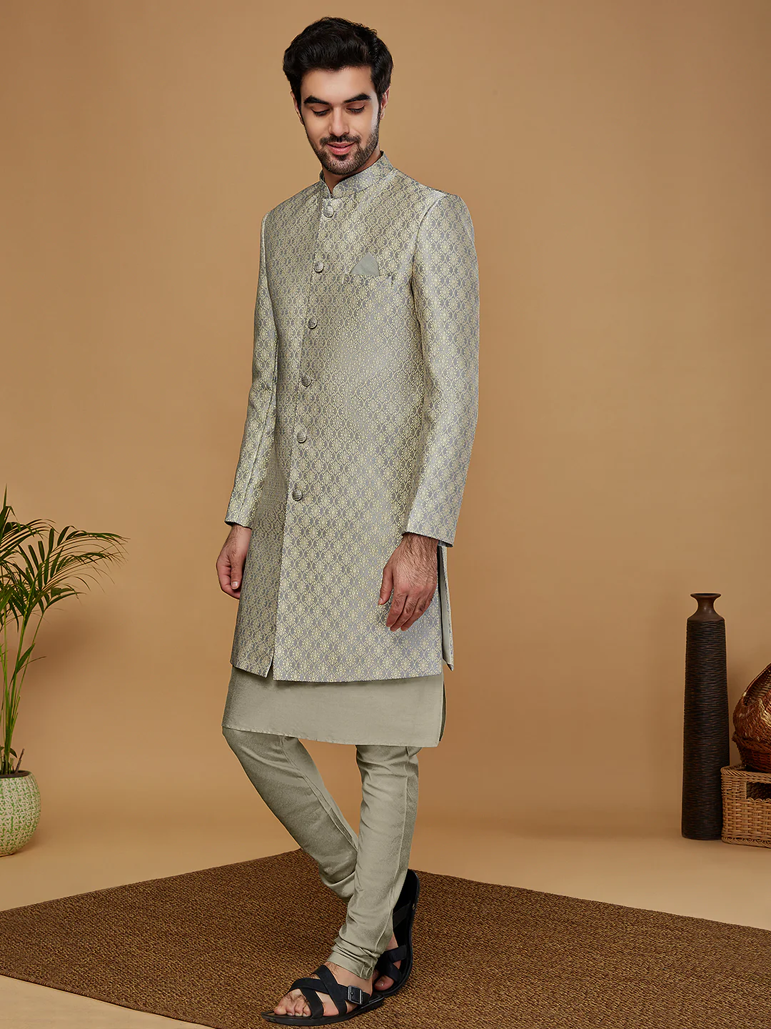 Men Grey Kurta Sherwani Churidar Set - Image 8