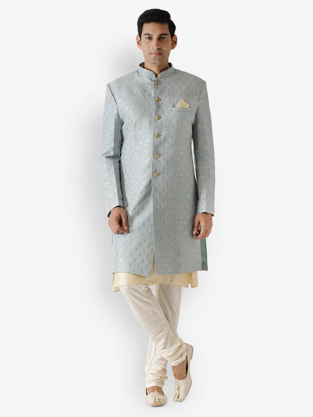 Men Blue Textured Kurta Indowestern Churidar Set