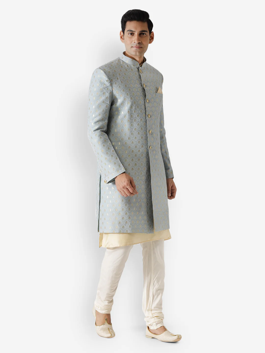 Men Blue Textured Kurta Indowestern Churidar Set - Image 2