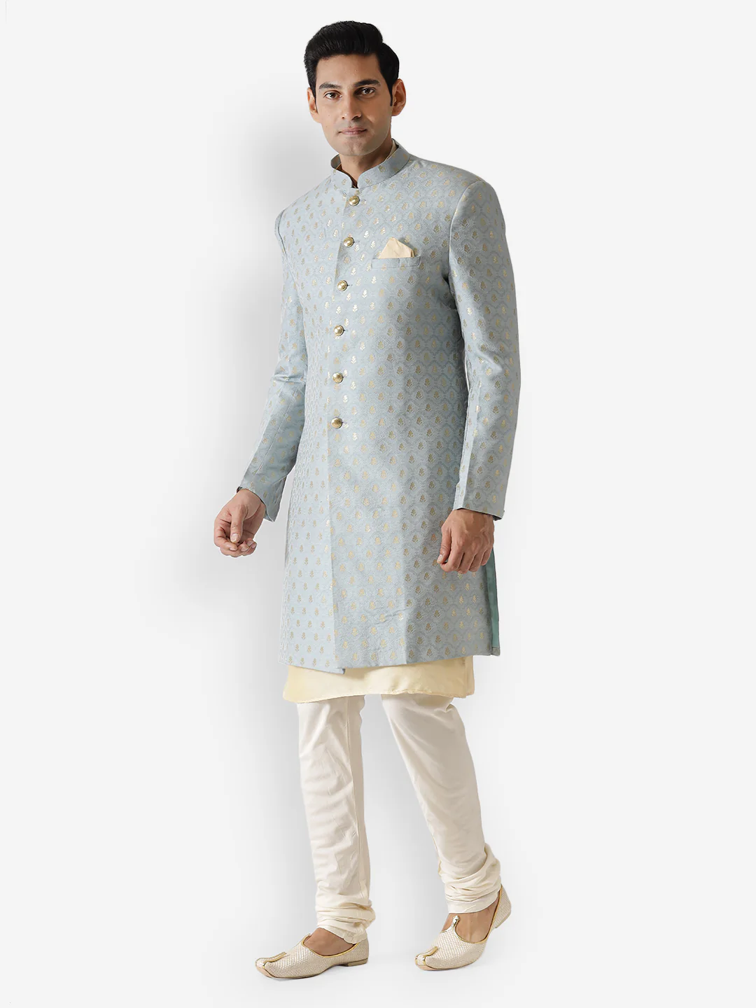 Men Blue Textured Kurta Indowestern Churidar Set - Image 3