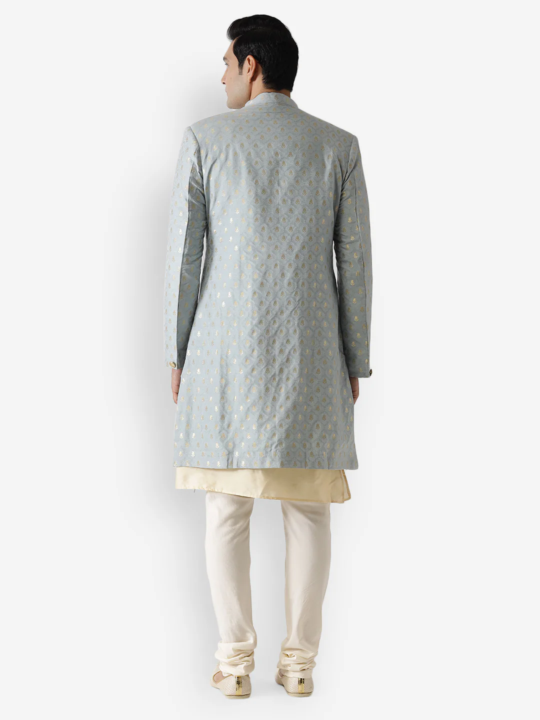 Men Blue Textured Kurta Indowestern Churidar Set - Image 4
