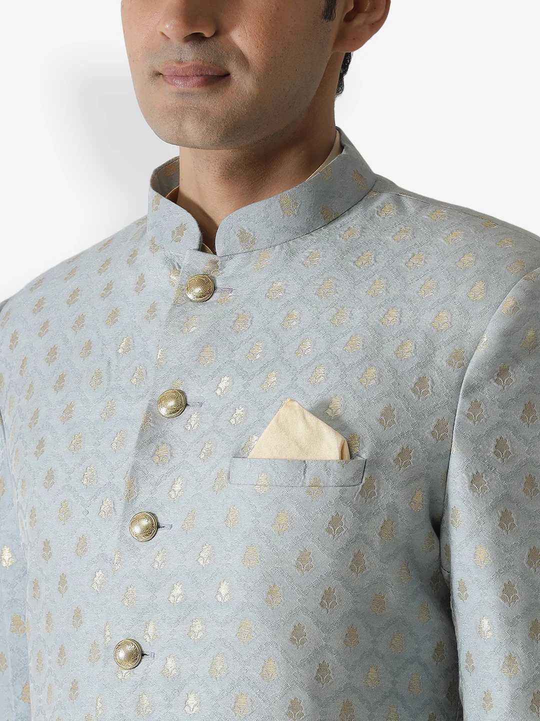 Men Blue Textured Kurta Indowestern Churidar Set - Image 5