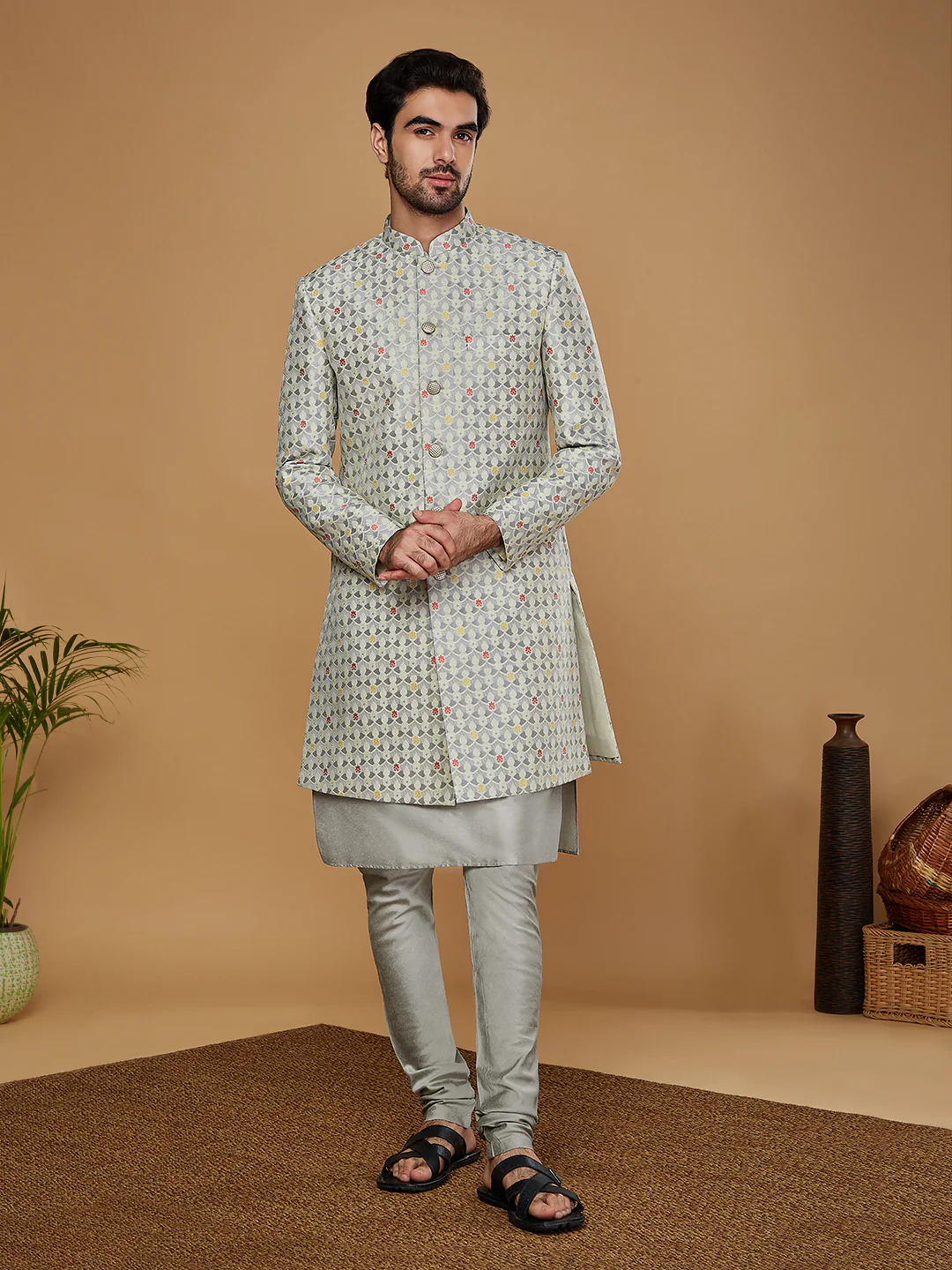 Men Grey Kurta Sherwani Churidar Set