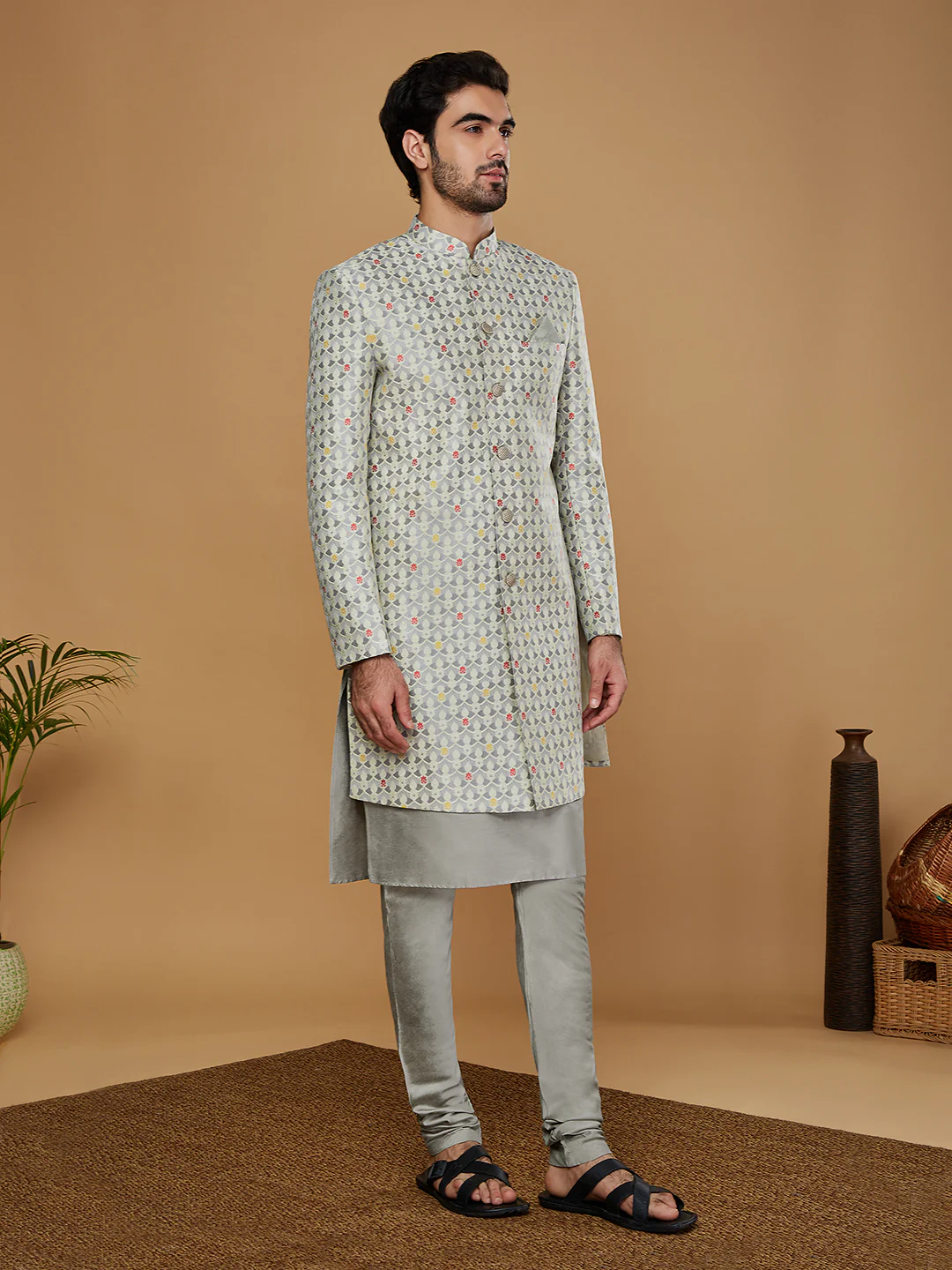 Men Grey Kurta Sherwani Churidar Set - Image 2