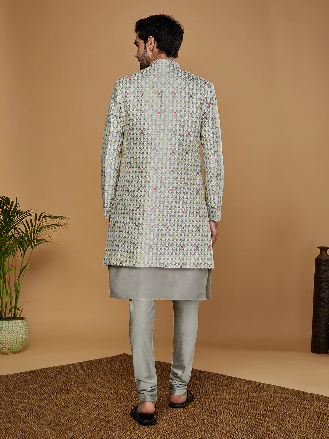 Men Grey Kurta Sherwani Churidar Set - Image 4