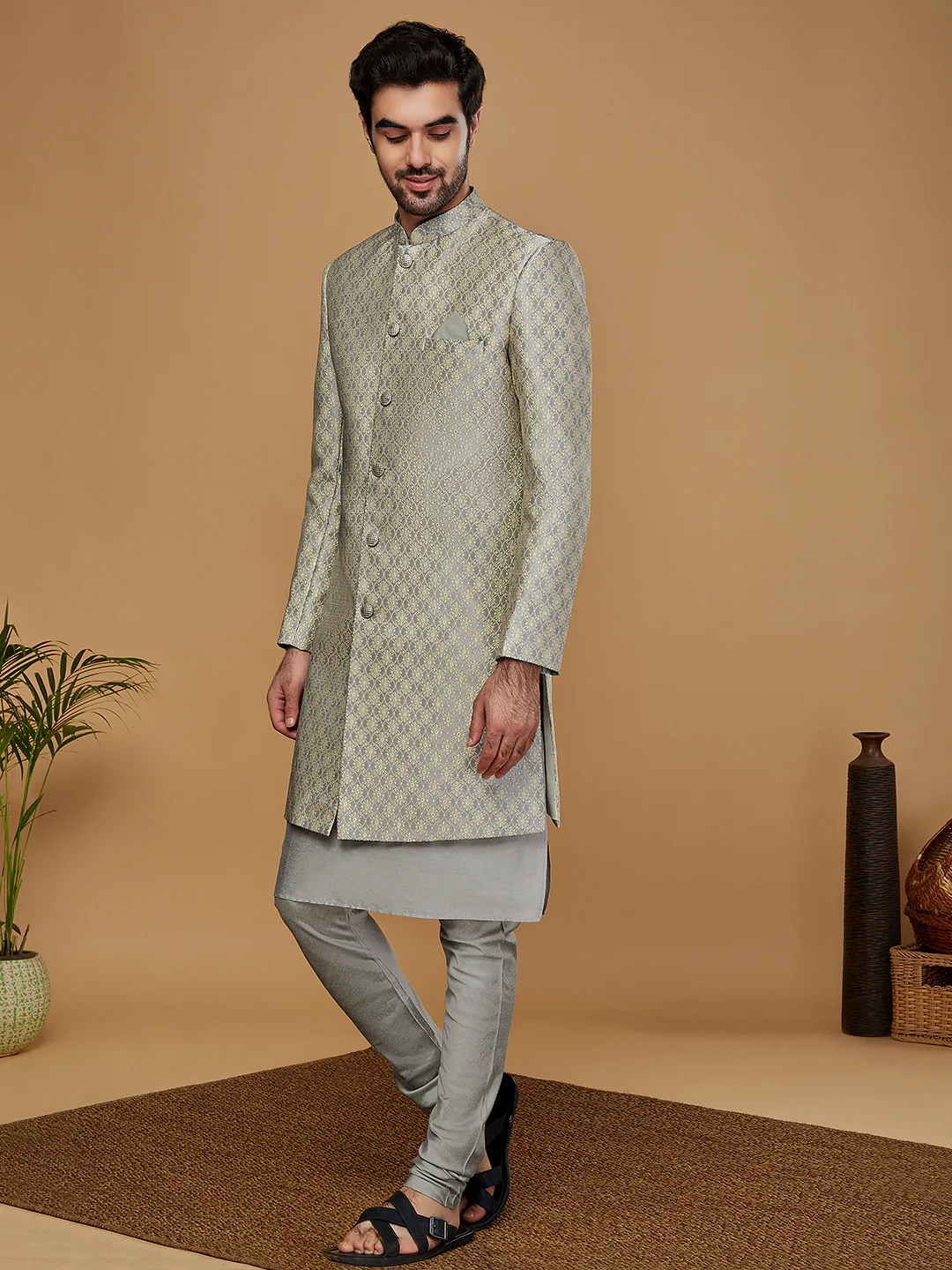 Men Grey Kurta Sherwani Churidar Set