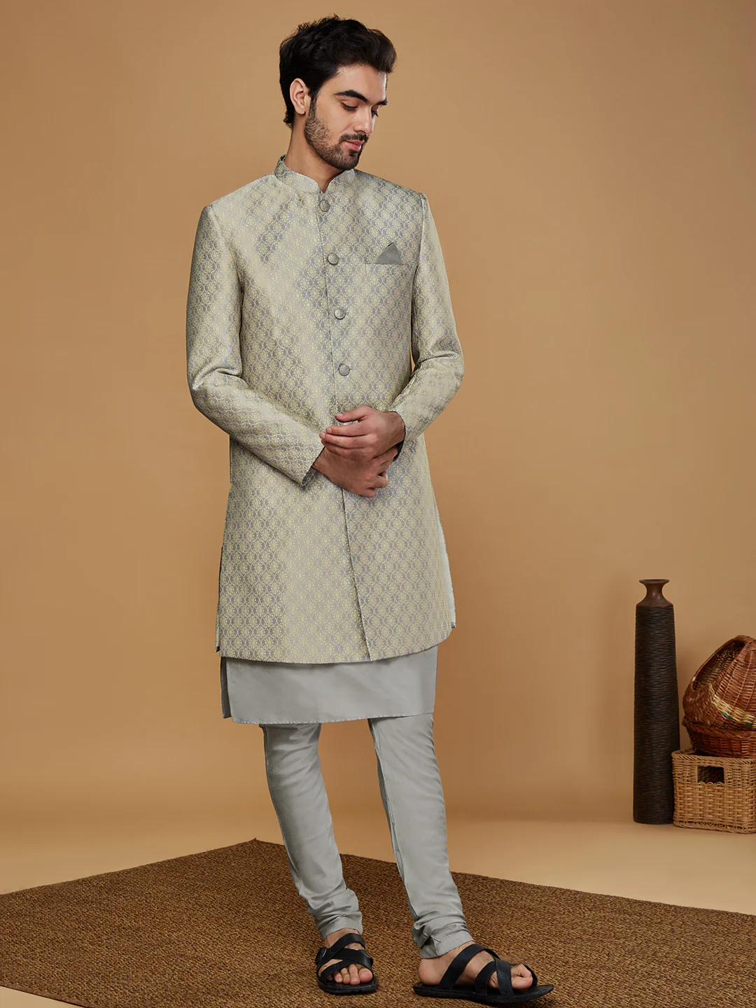 Men Grey Kurta Sherwani Churidar Set - Image 2