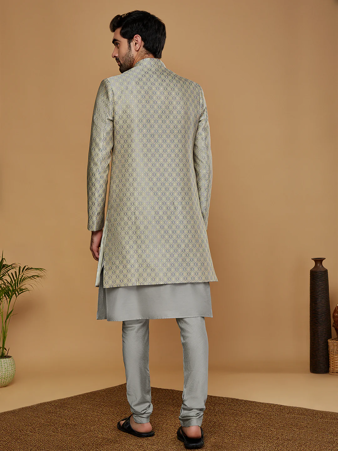 Men Grey Kurta Sherwani Churidar Set - Image 4