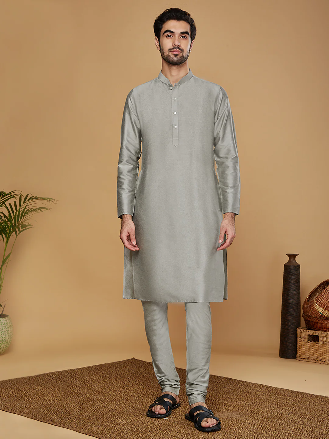 Men Grey Kurta Sherwani Churidar Set - Image 5