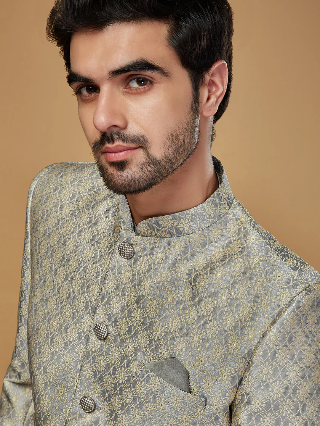 Men Grey Kurta Sherwani Churidar Set - Image 6