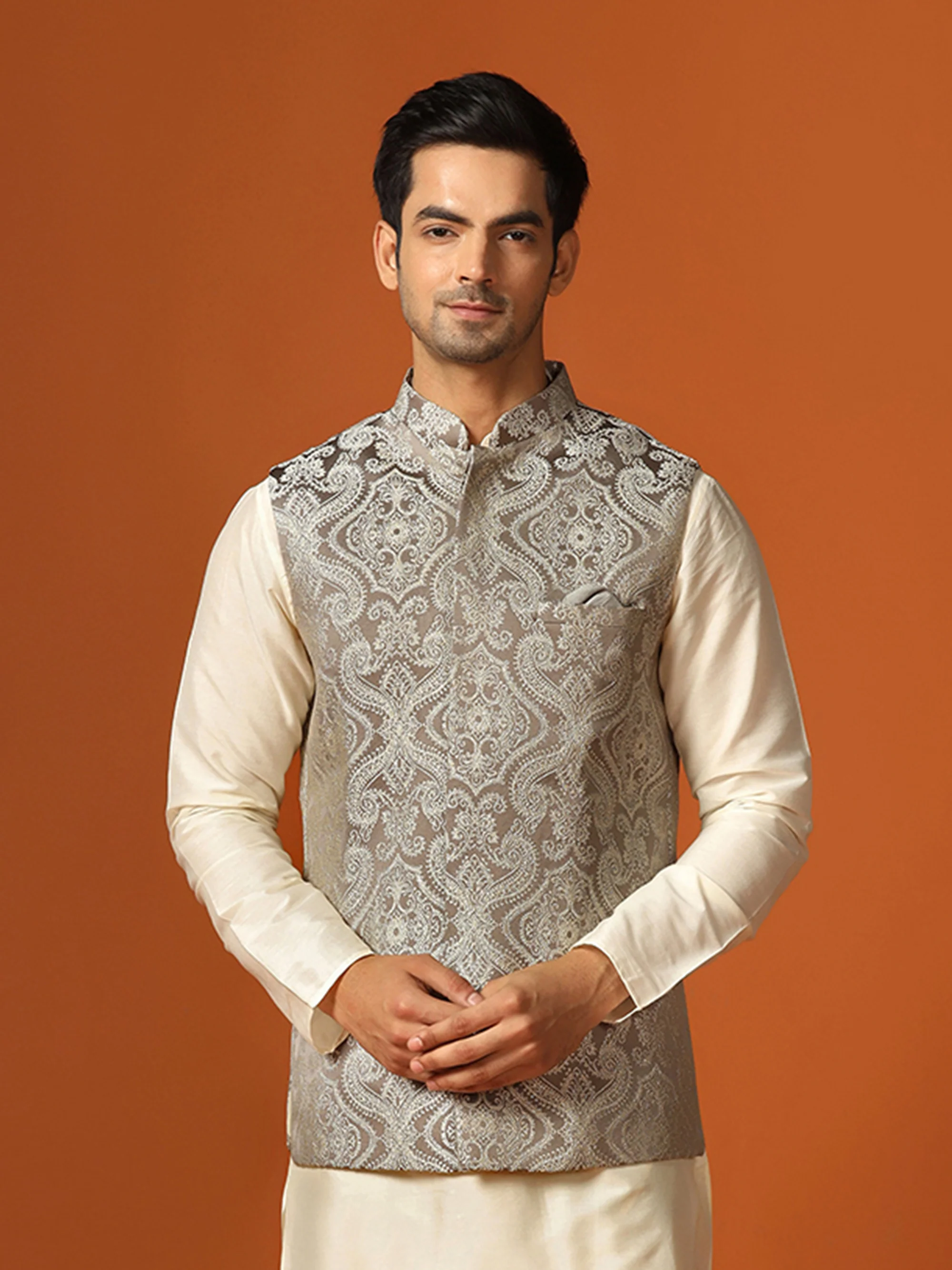 Grey Jacquard Woven Nehru Jacket - Image 2