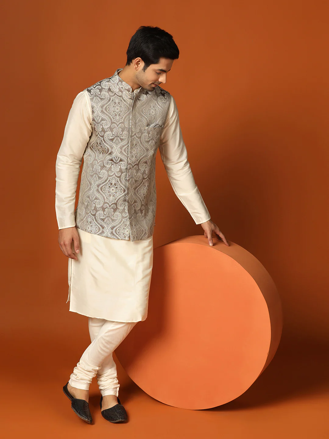 Grey Jacquard Woven Nehru Jacket - Image 7
