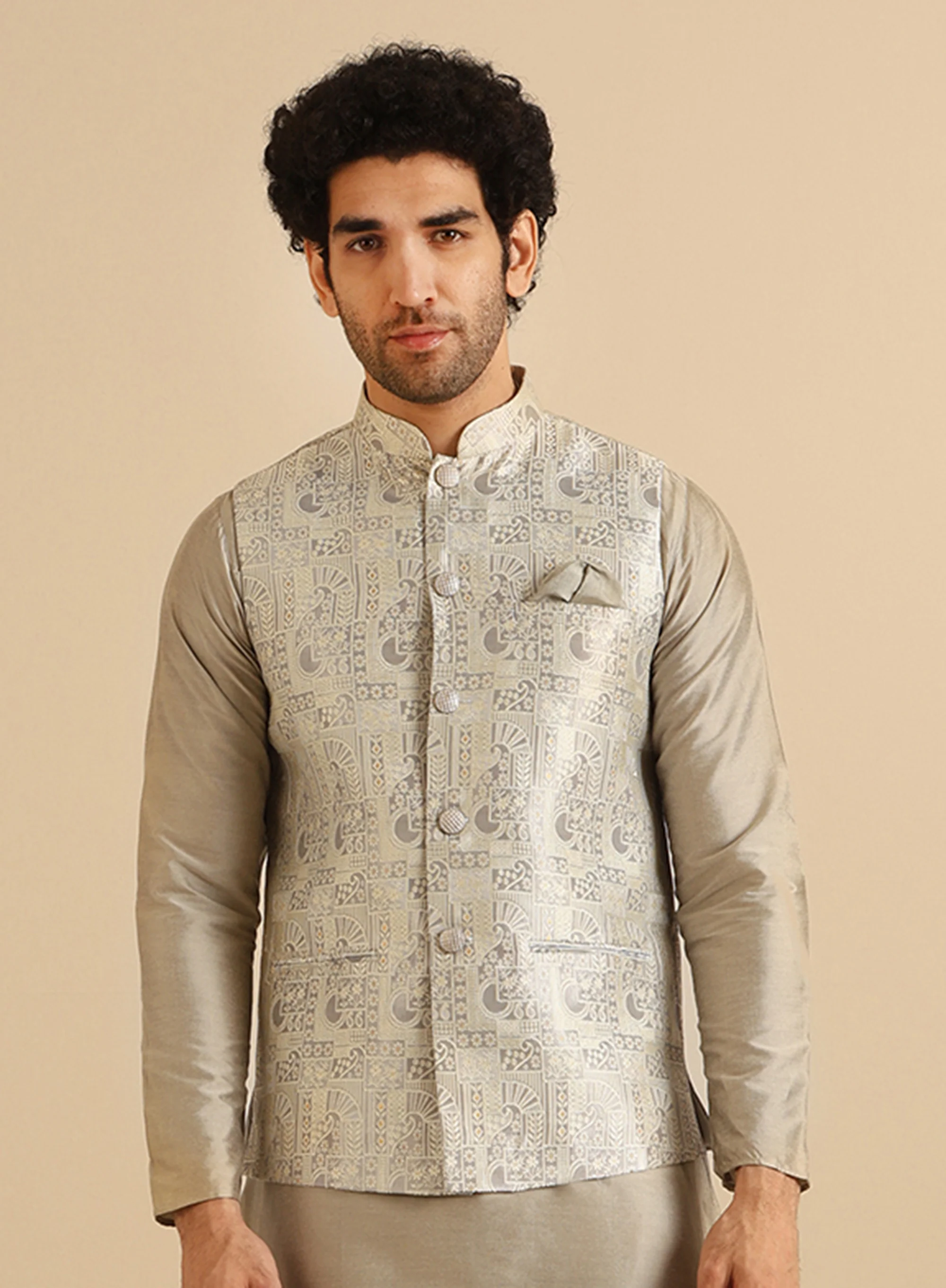 Men Grey Textured Nehru Jacket