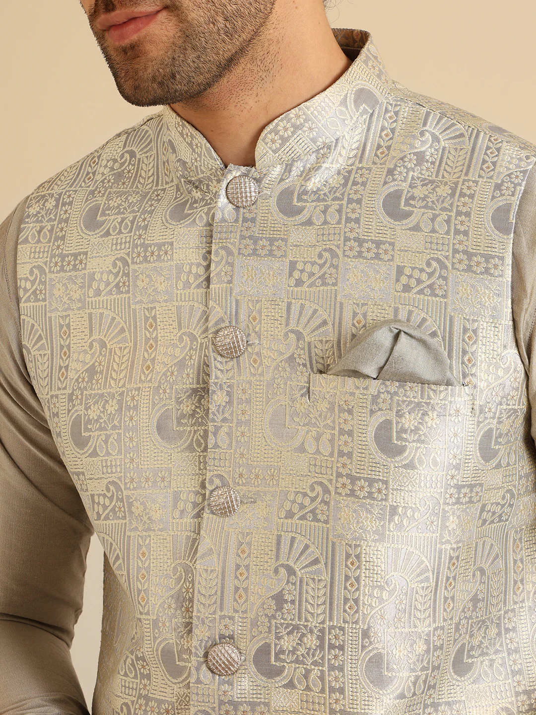 Men Grey Textured Nehru Jacket - Image 5