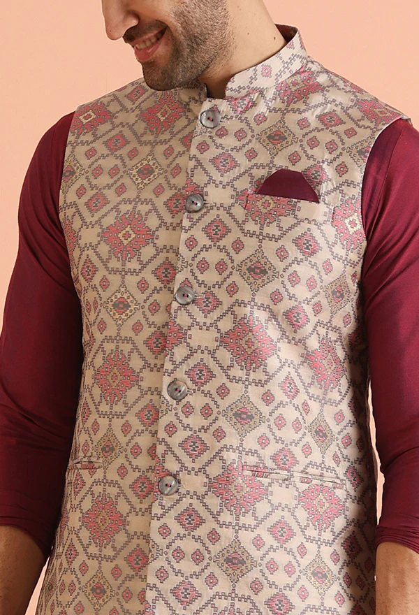 Men Grey Printed Geometric Kurta Jacket Trouser Set - Image 2