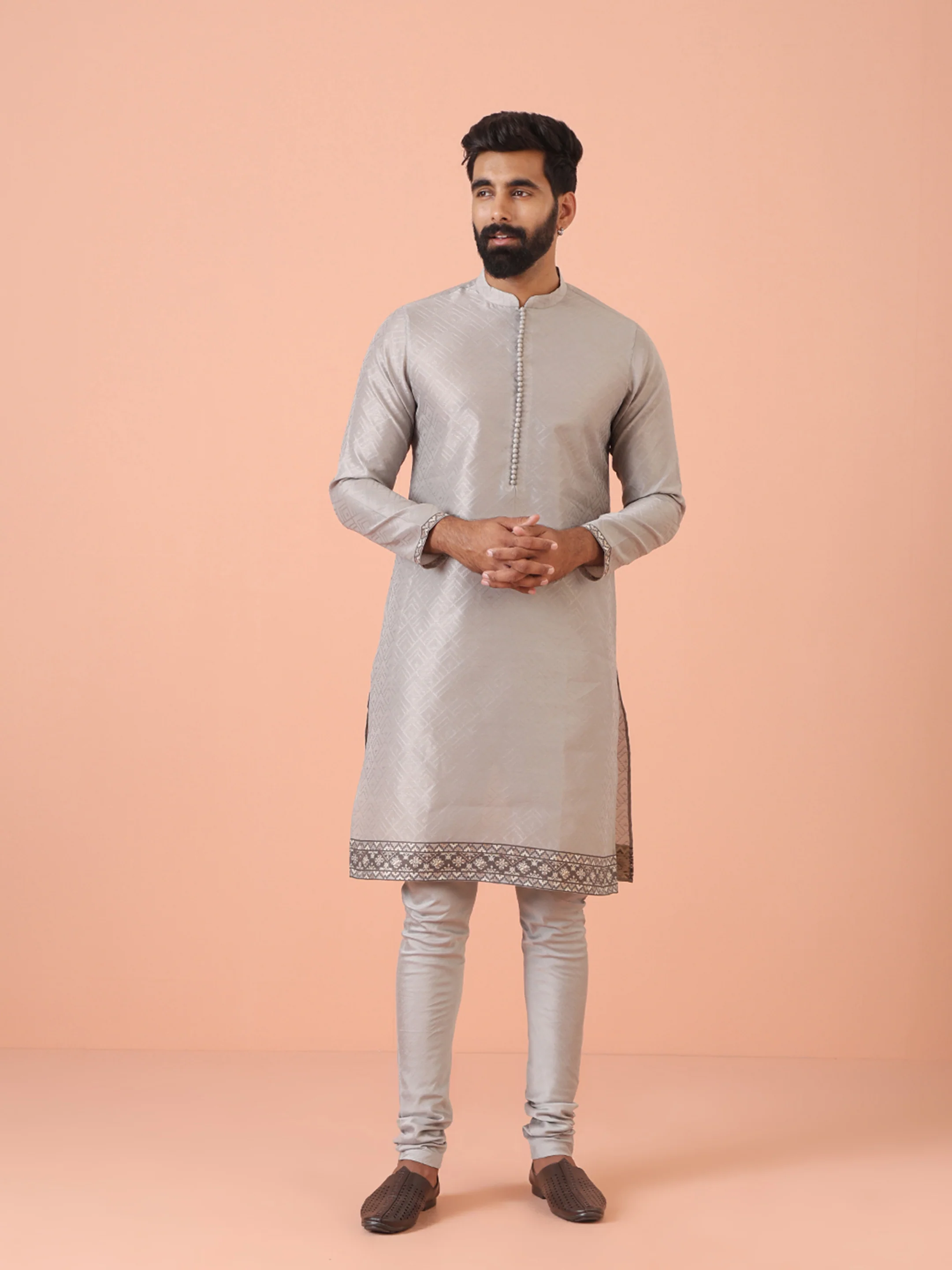 Men Grey Self Design Kurta Churidar Set