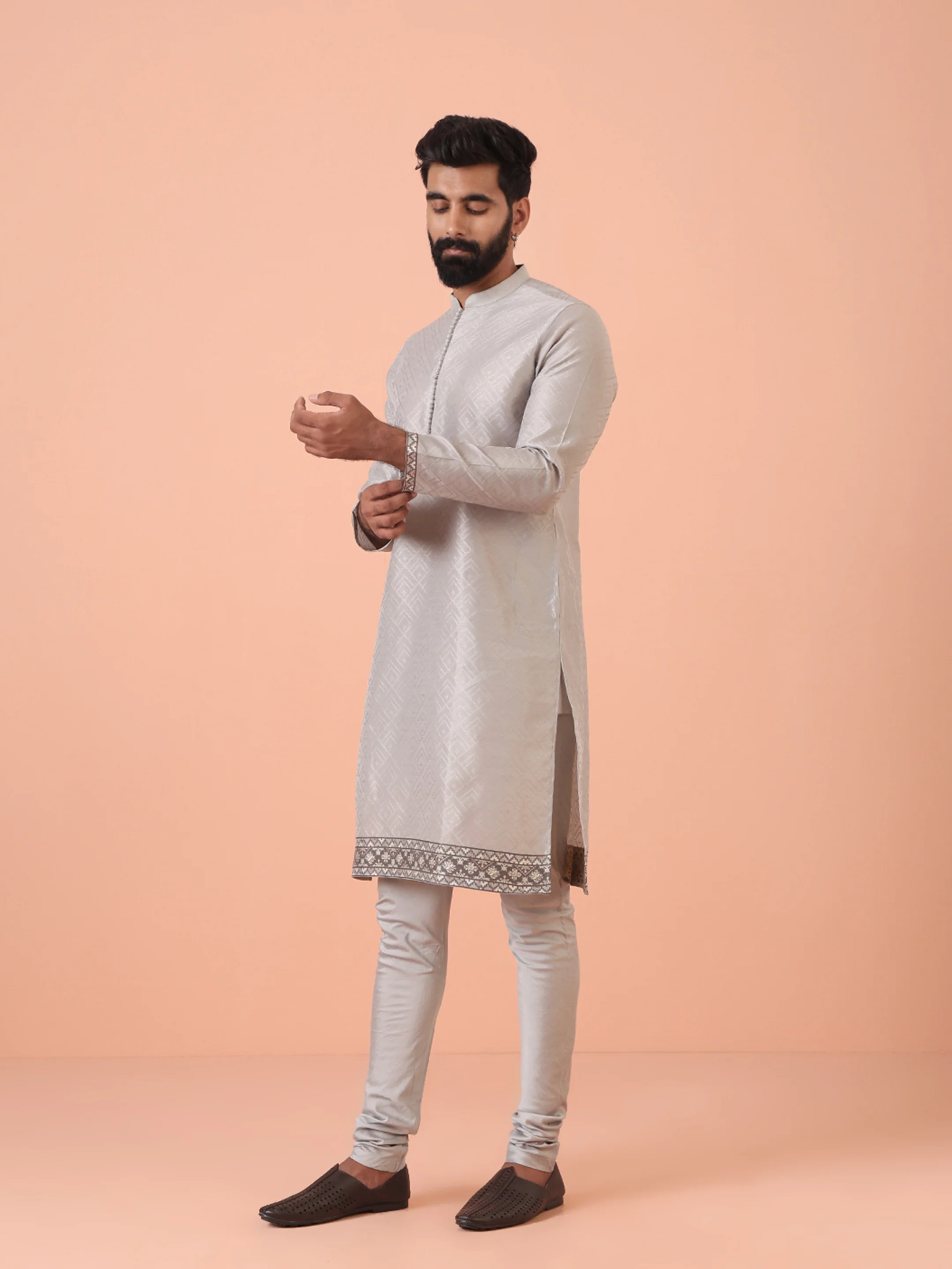 Men Grey Self Design Kurta Churidar Set - Image 2