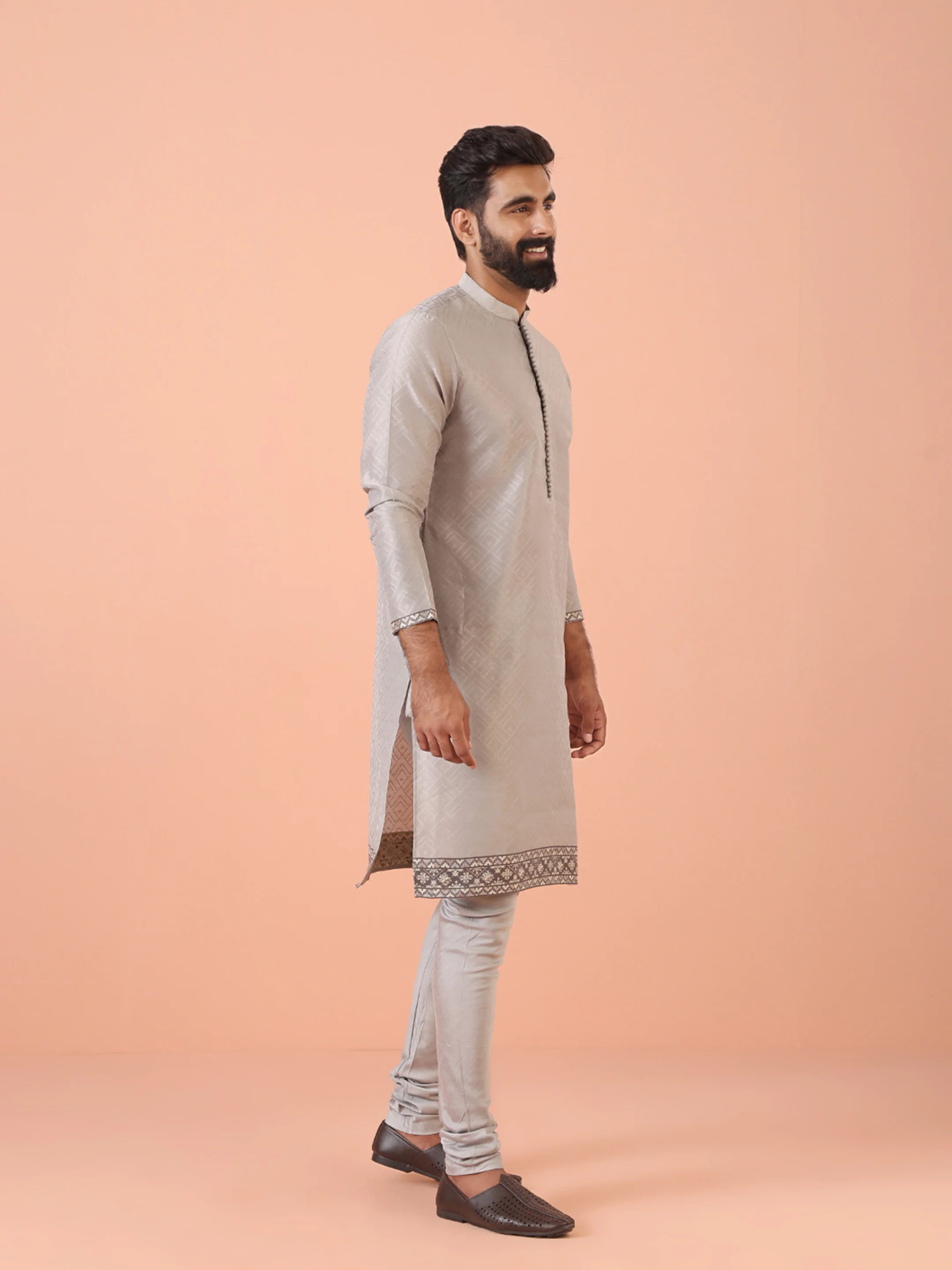 Grey Jacquard Kurta with Hem Detailing - Image 3