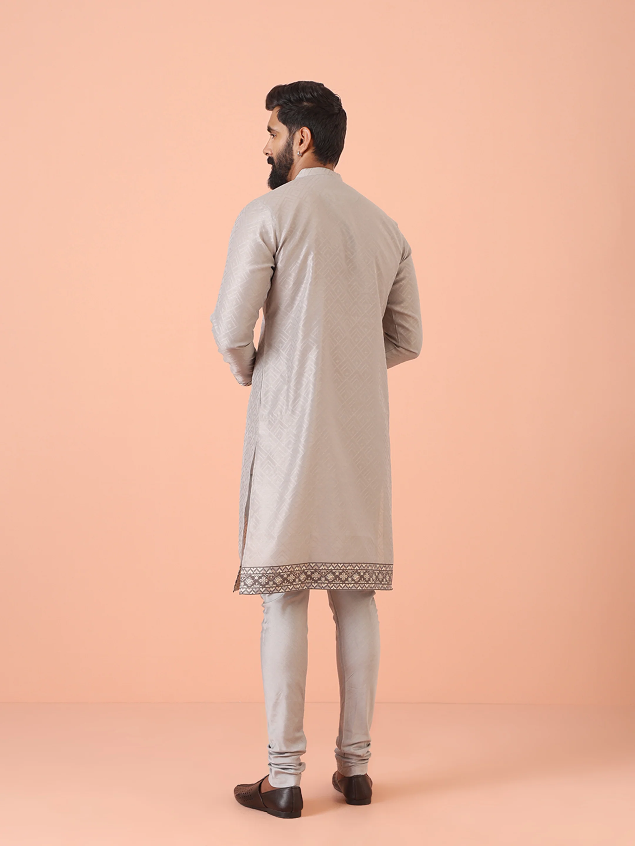 Grey Jacquard Kurta with Hem Detailing - Image 4