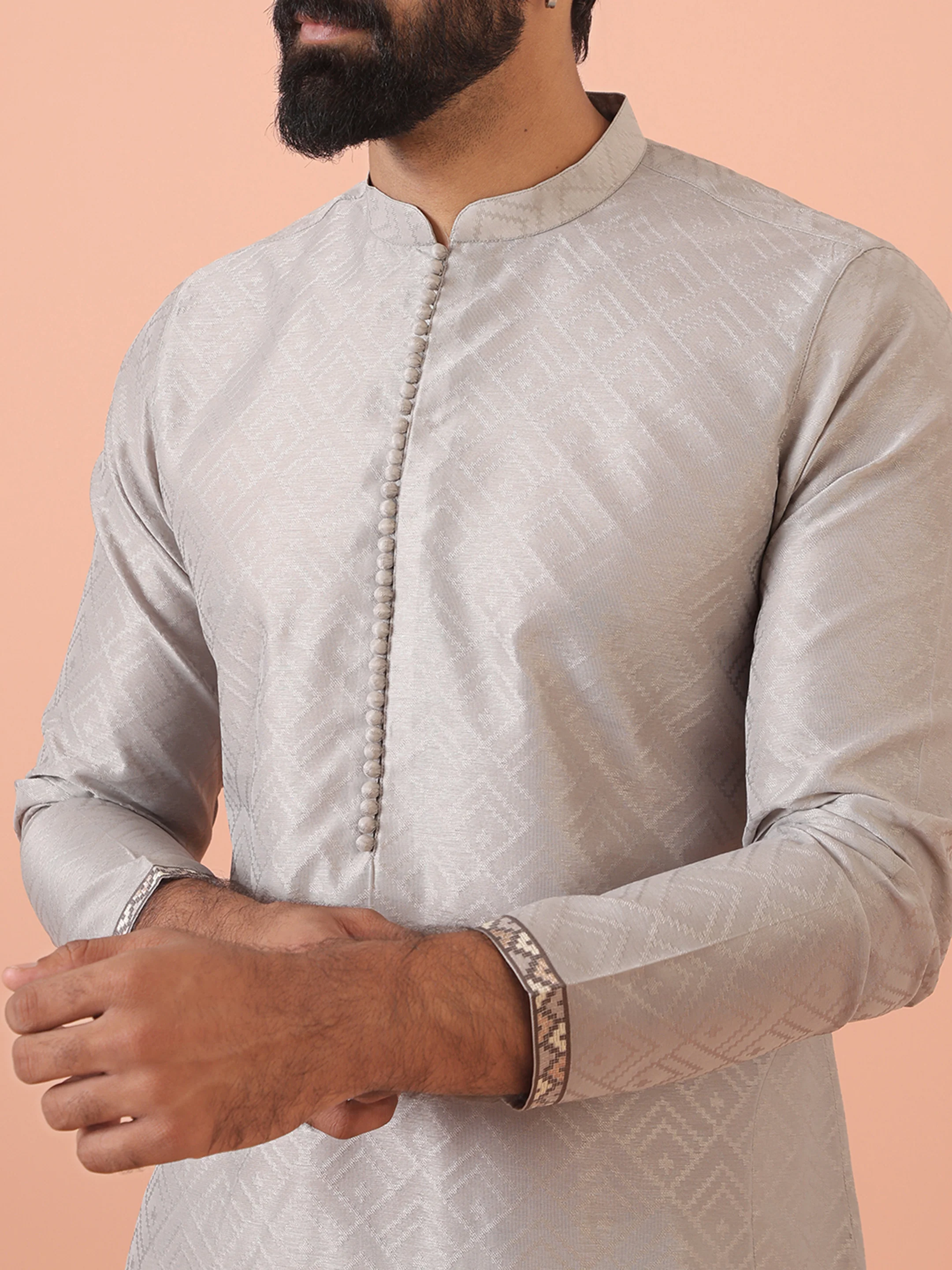 Grey Jacquard Kurta with Hem Detailing - Image 5