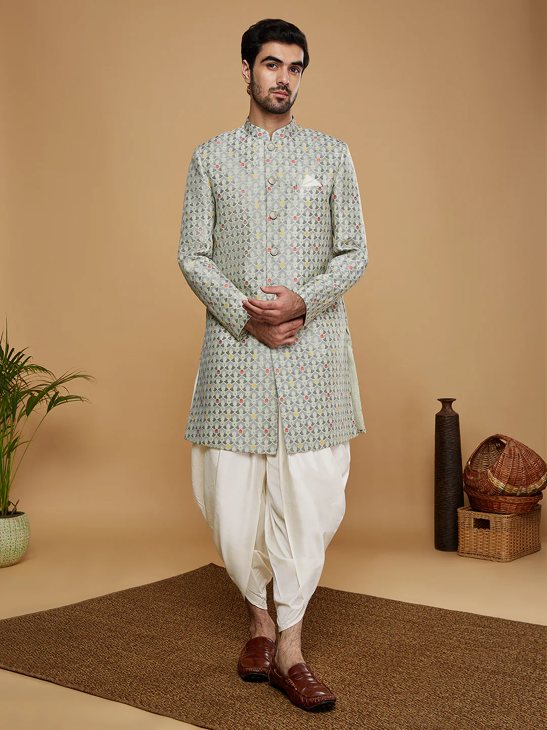 Men Grey Woven Design Indowestern Dhoti Set - Image 7