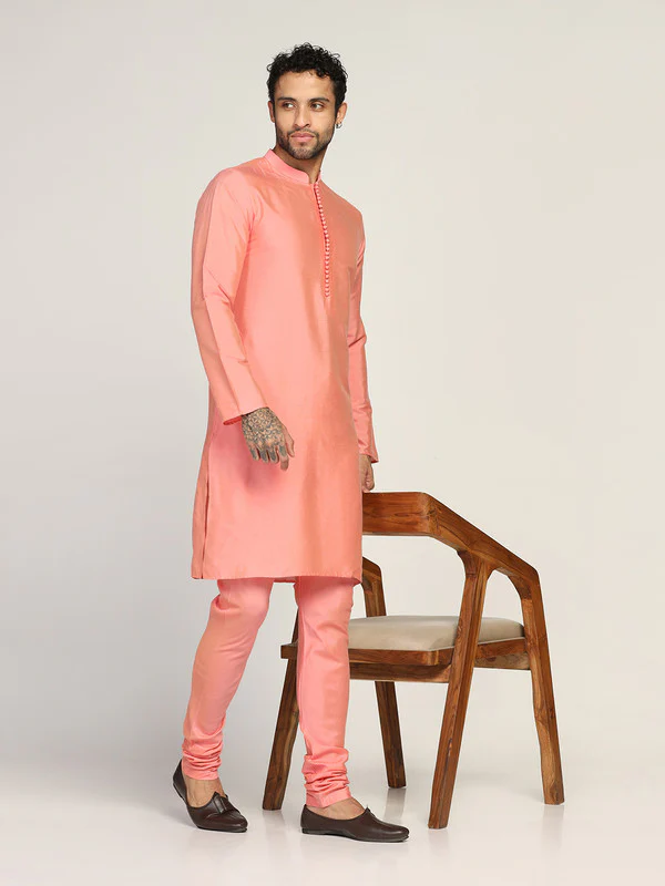 Peach Silk Blend Solid Drawstring Churidar - Image 6