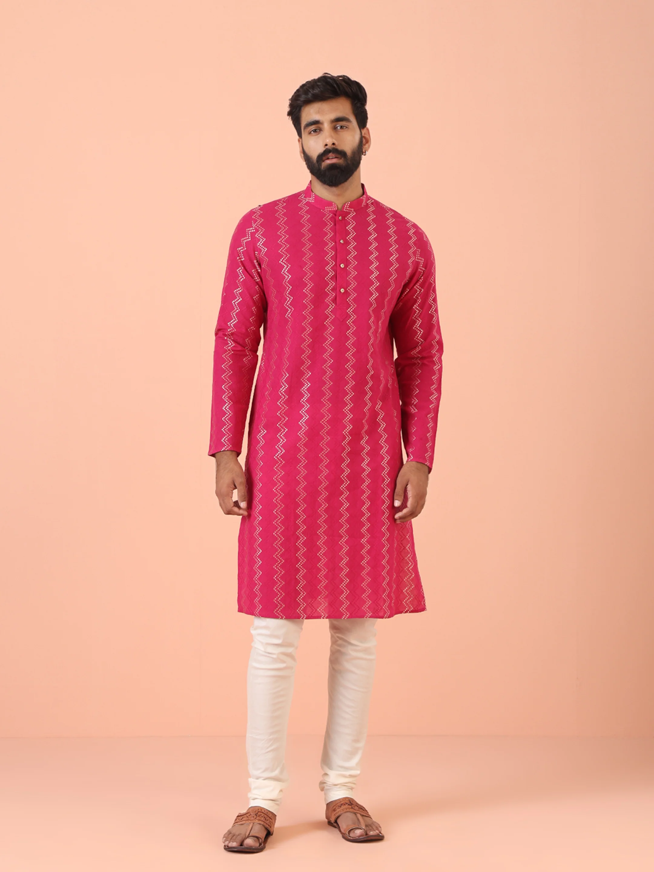 Pink Silk Blend Kurta Set with Metallic Jacquard Woven Design and Cream Churidar for Festive & Wedding Ensemble
