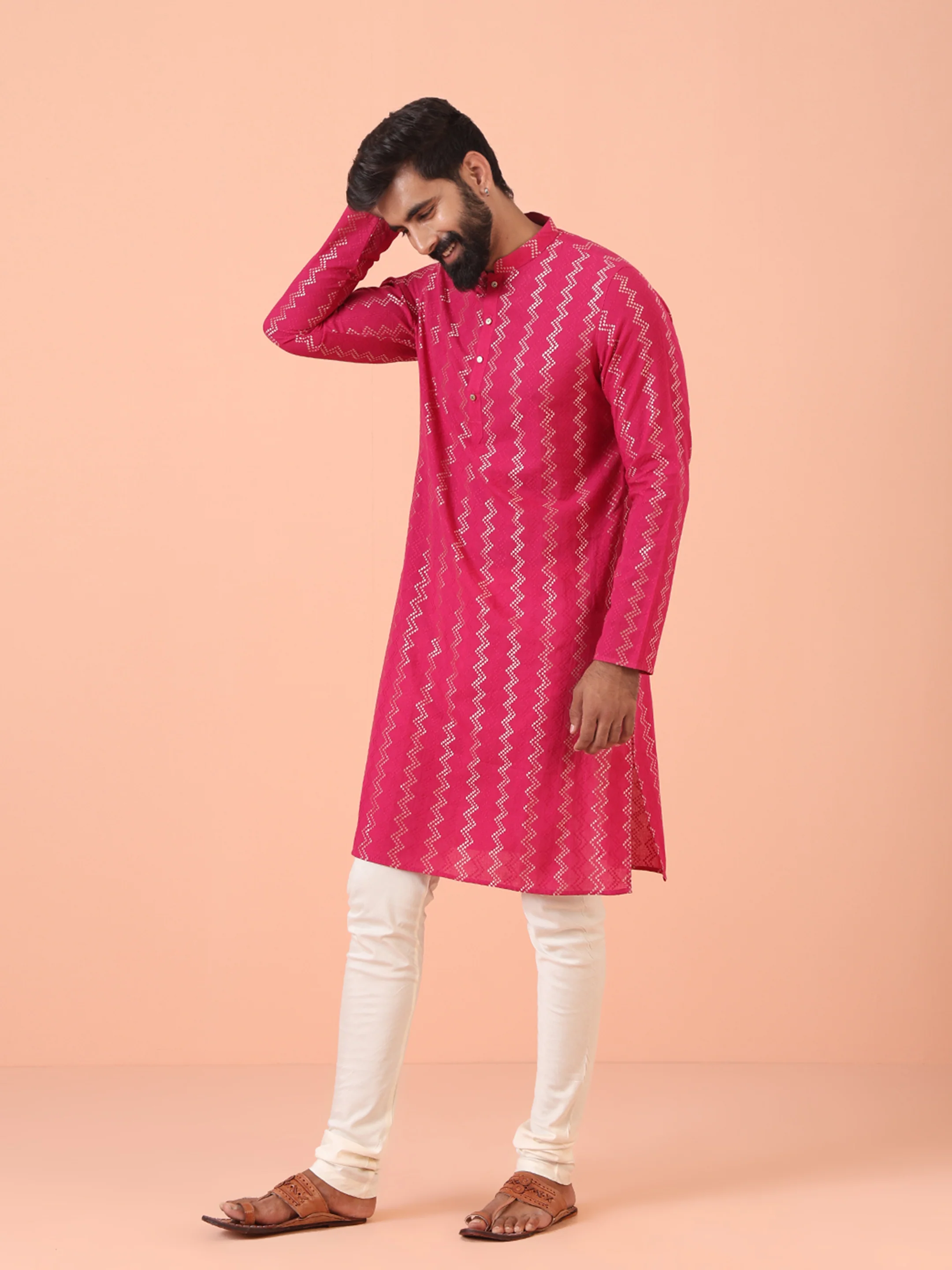 Pink Silk Blend Kurta Set with Metallic Jacquard Woven Design and Cream Churidar for Festive & Wedding Ensemble - Image 3