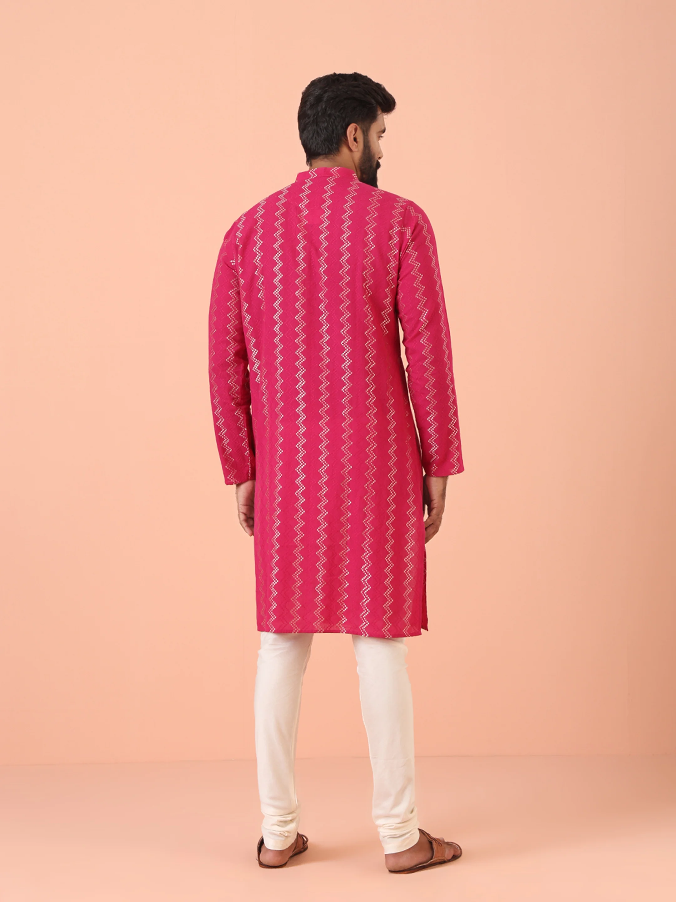 Pink Silk Blend Kurta Set with Metallic Jacquard Woven Design and Cream Churidar for Festive & Wedding Ensemble - Image 4
