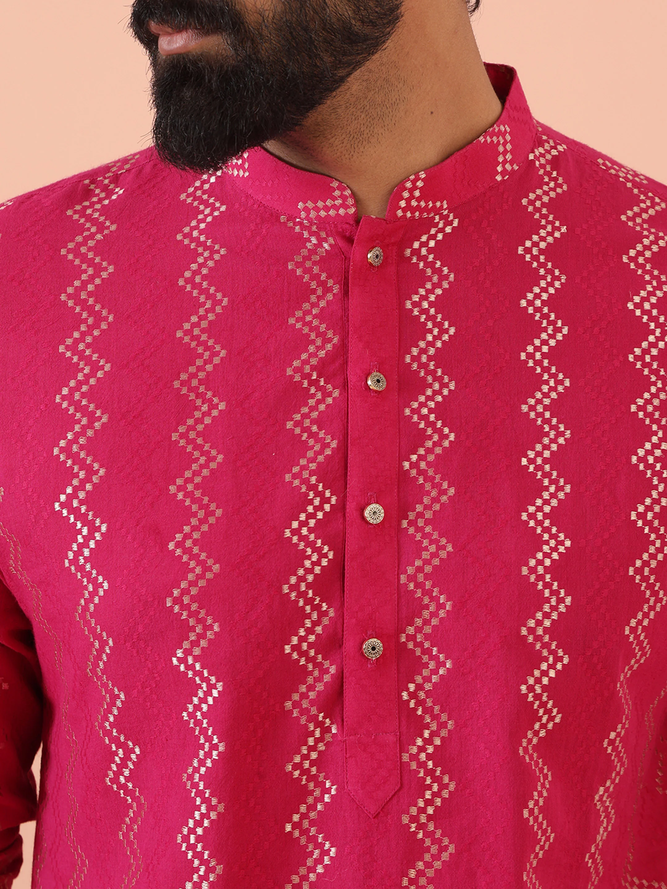 Pink Silk Blend Kurta Set with Metallic Jacquard Woven Design and Cream Churidar for Festive & Wedding Ensemble - Image 5